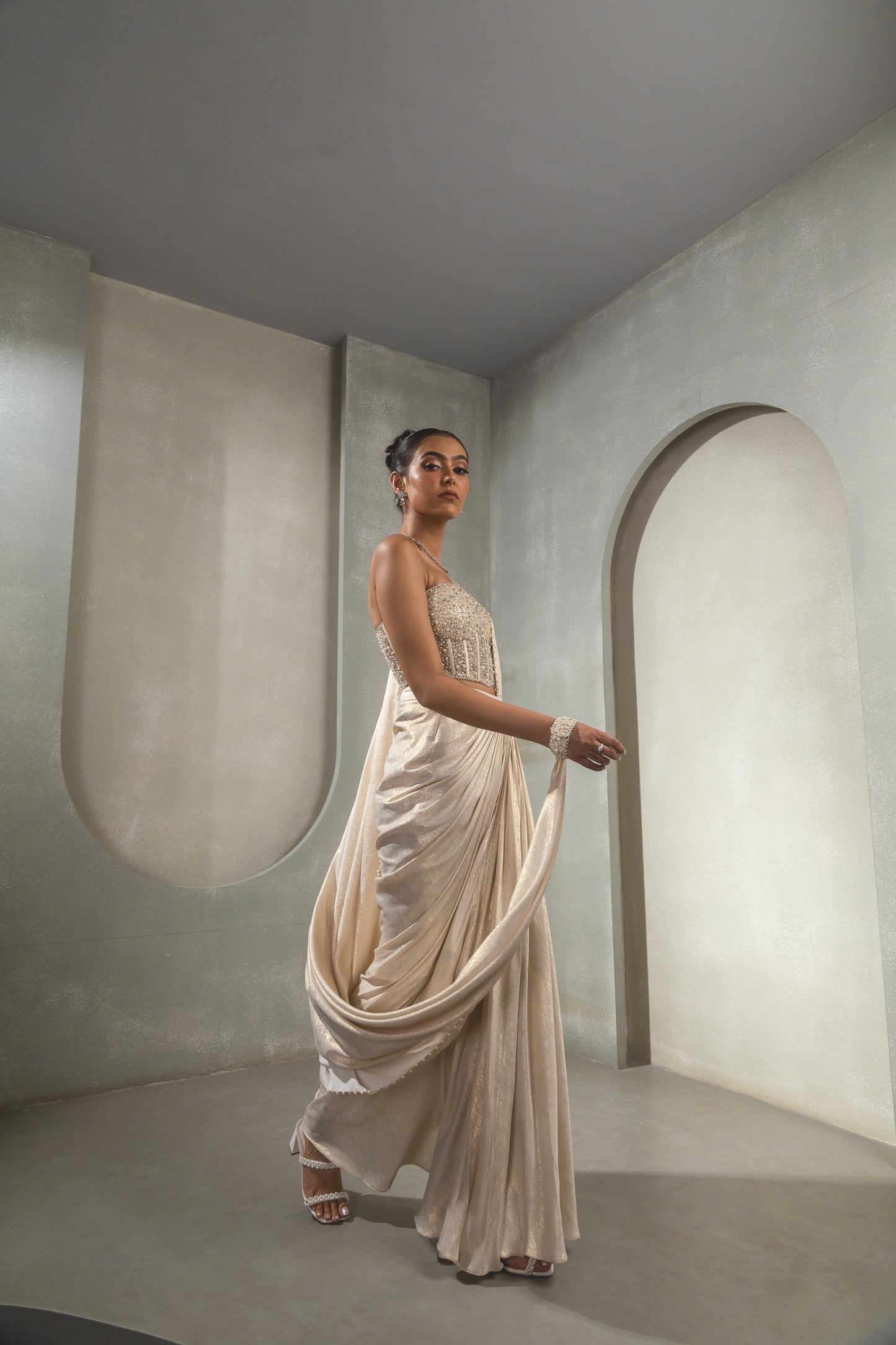 White Gold Corset Saree Drape