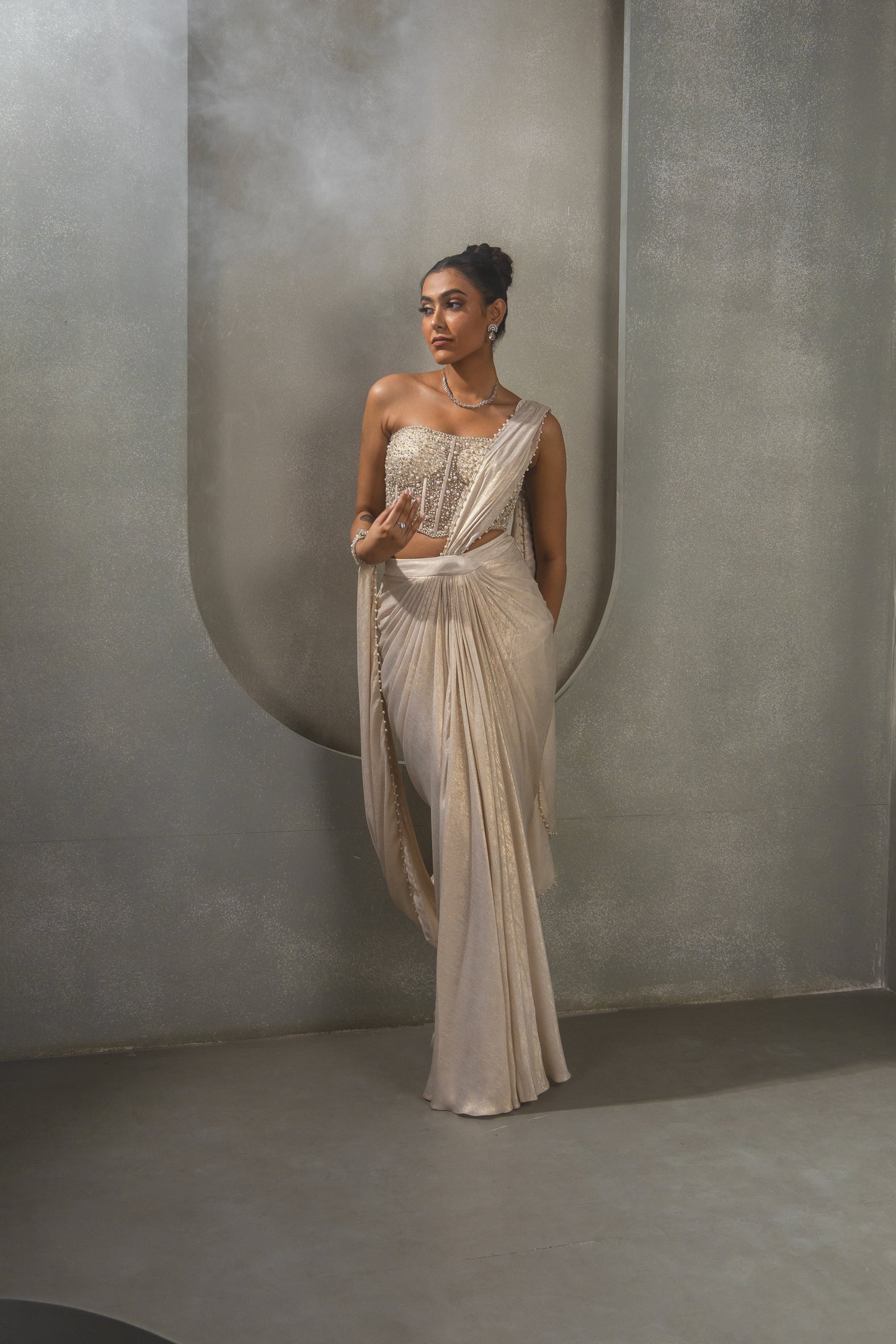 White Gold Corset Saree Drape