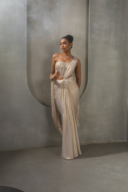 White Gold Corset Saree Drape