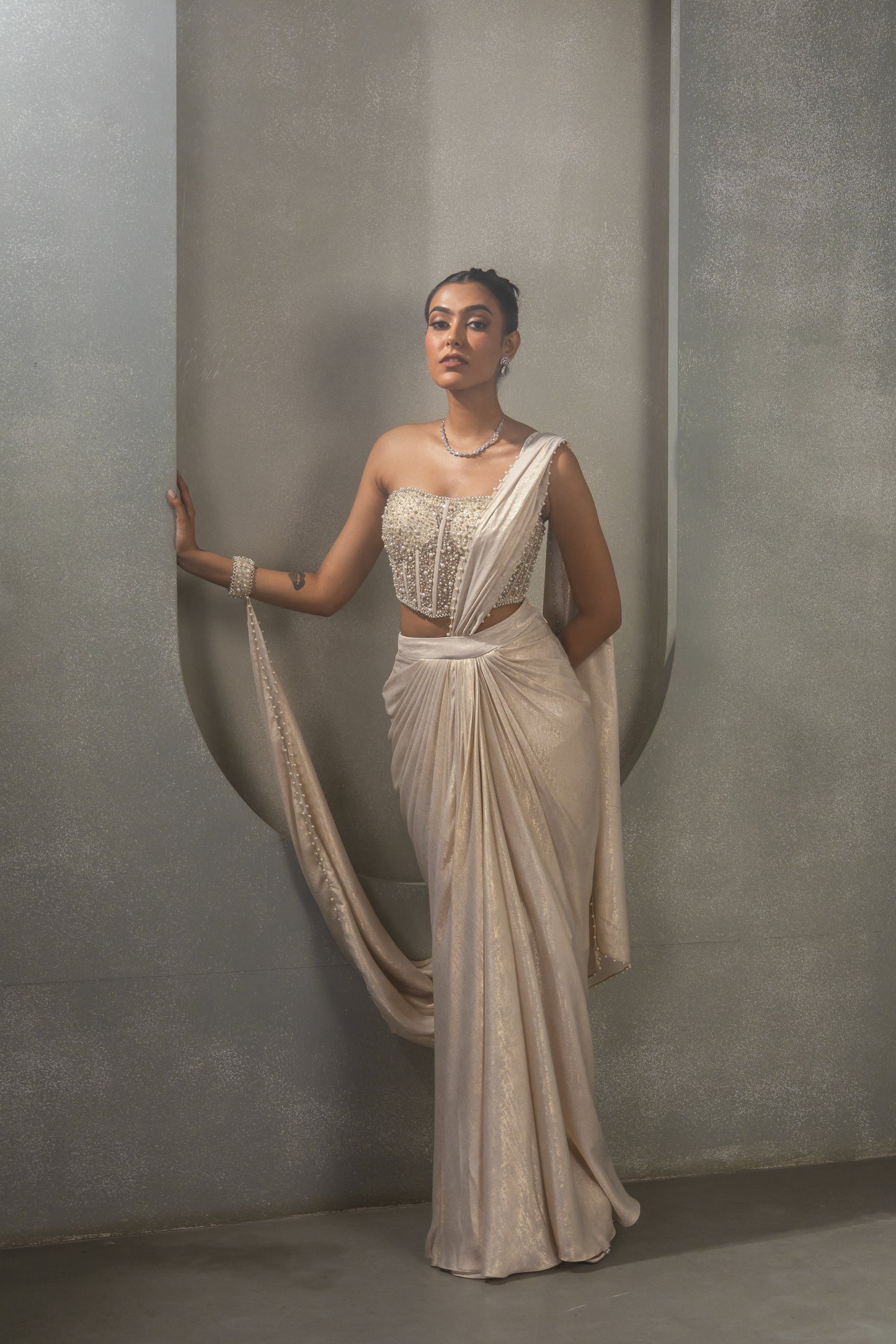 White Gold Corset Saree Drape