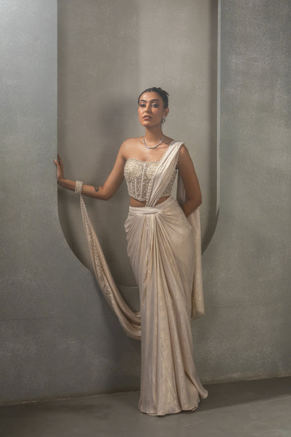 White Gold Corset Saree Drape