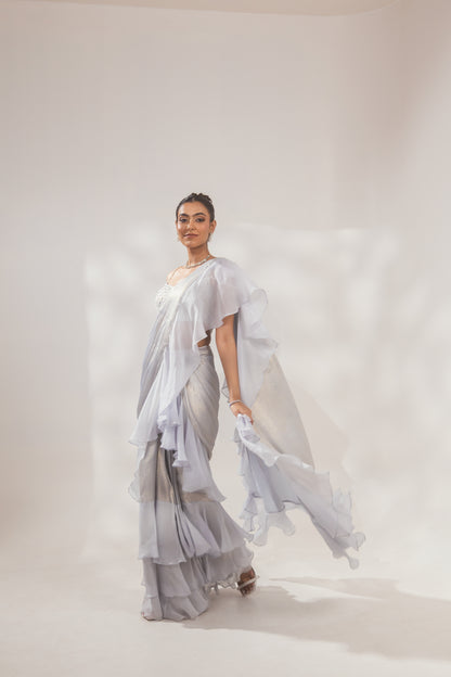 Metallic Blue Ruffle Saree