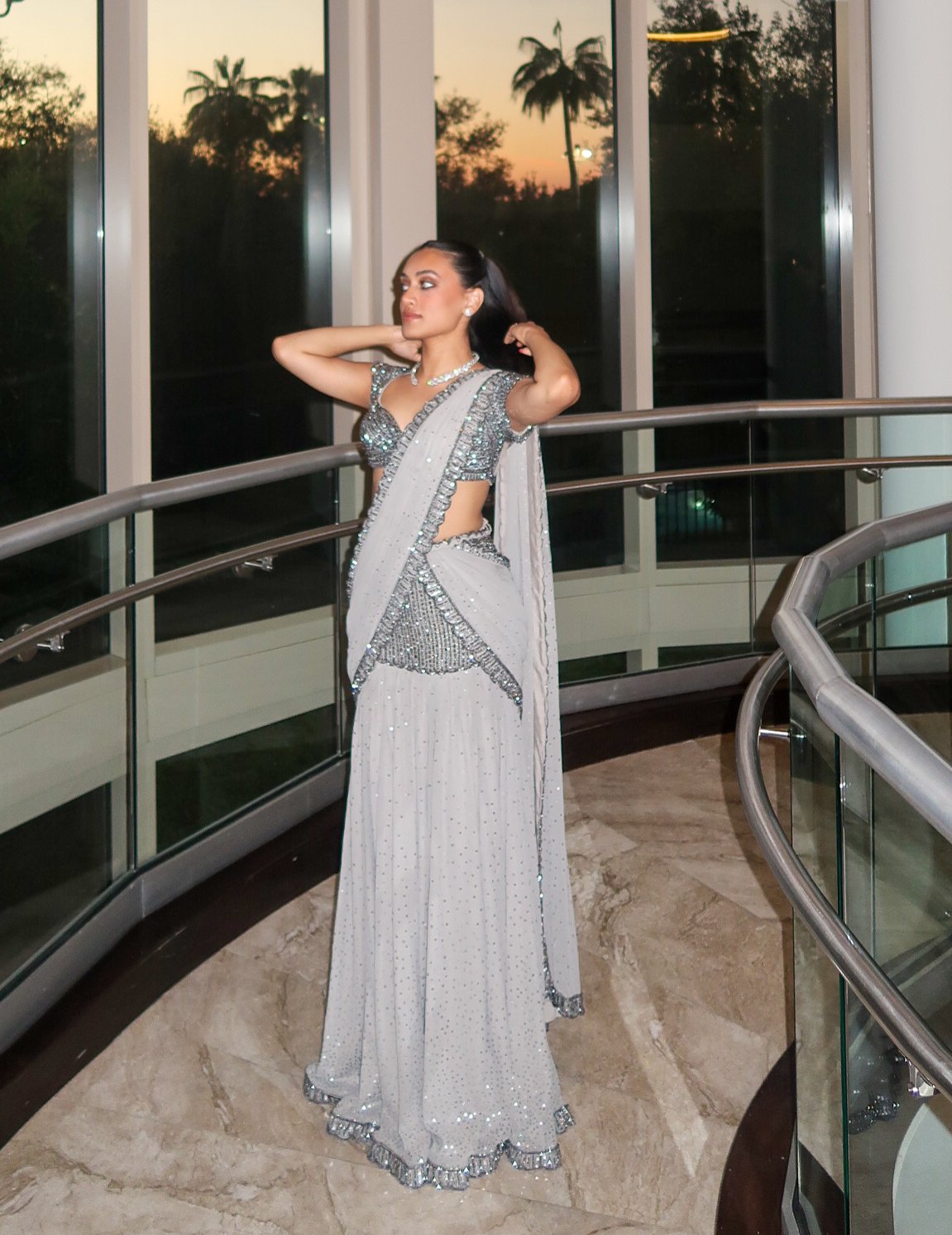 JULLY In Maya Crystal Grey Pre Draped Saree Set