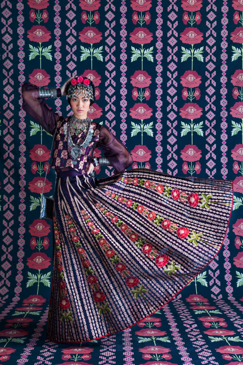 Sobhita Dhulipala in Handwoven Deep Wine Satin Silk Lehenga