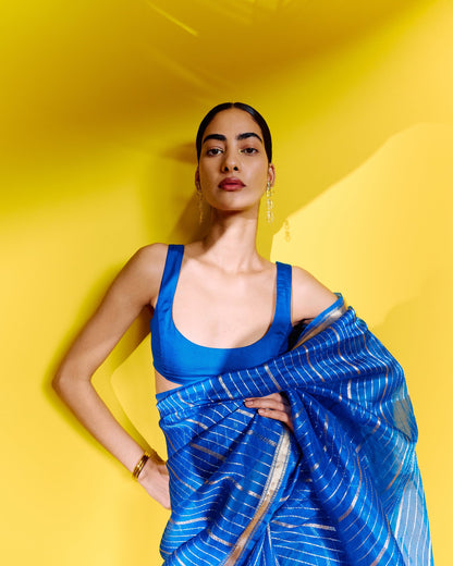 Priyanka Mohan in Handwoven Blue Striped Organza Saree