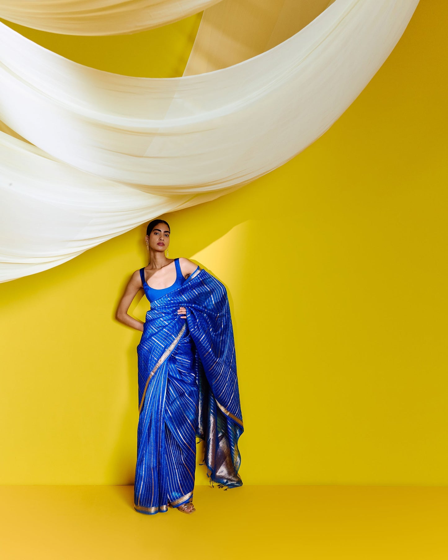 Priyanka Mohan in Handwoven Blue Striped Organza Saree