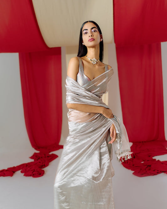 Handwoven Grey Tissue Saree