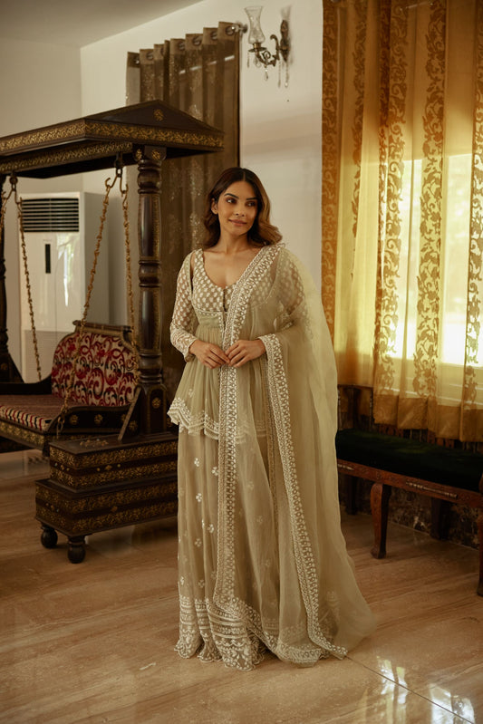 Beige With White Thread Work Peplum And Sharara Set