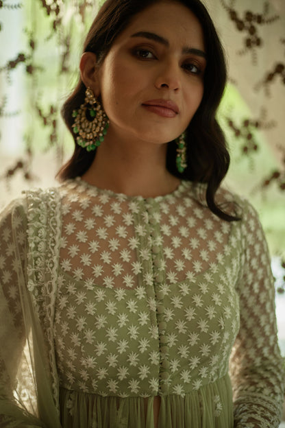 Sage Green With White Thread Work Jacket And Sharara Set