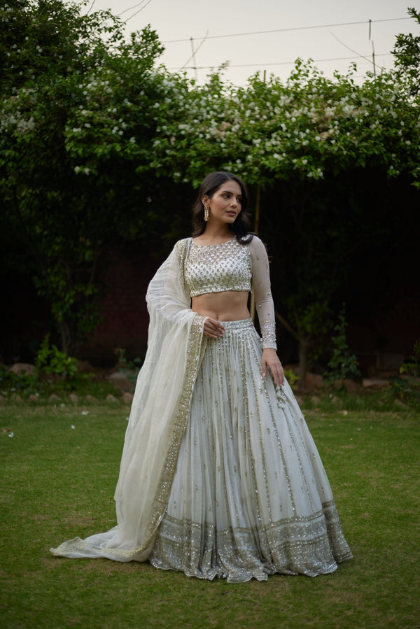 Off White Heavy Line Work Lehenga Set