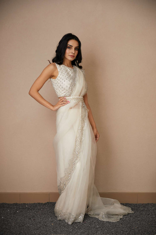 White Organza Sequence Work Saree Set