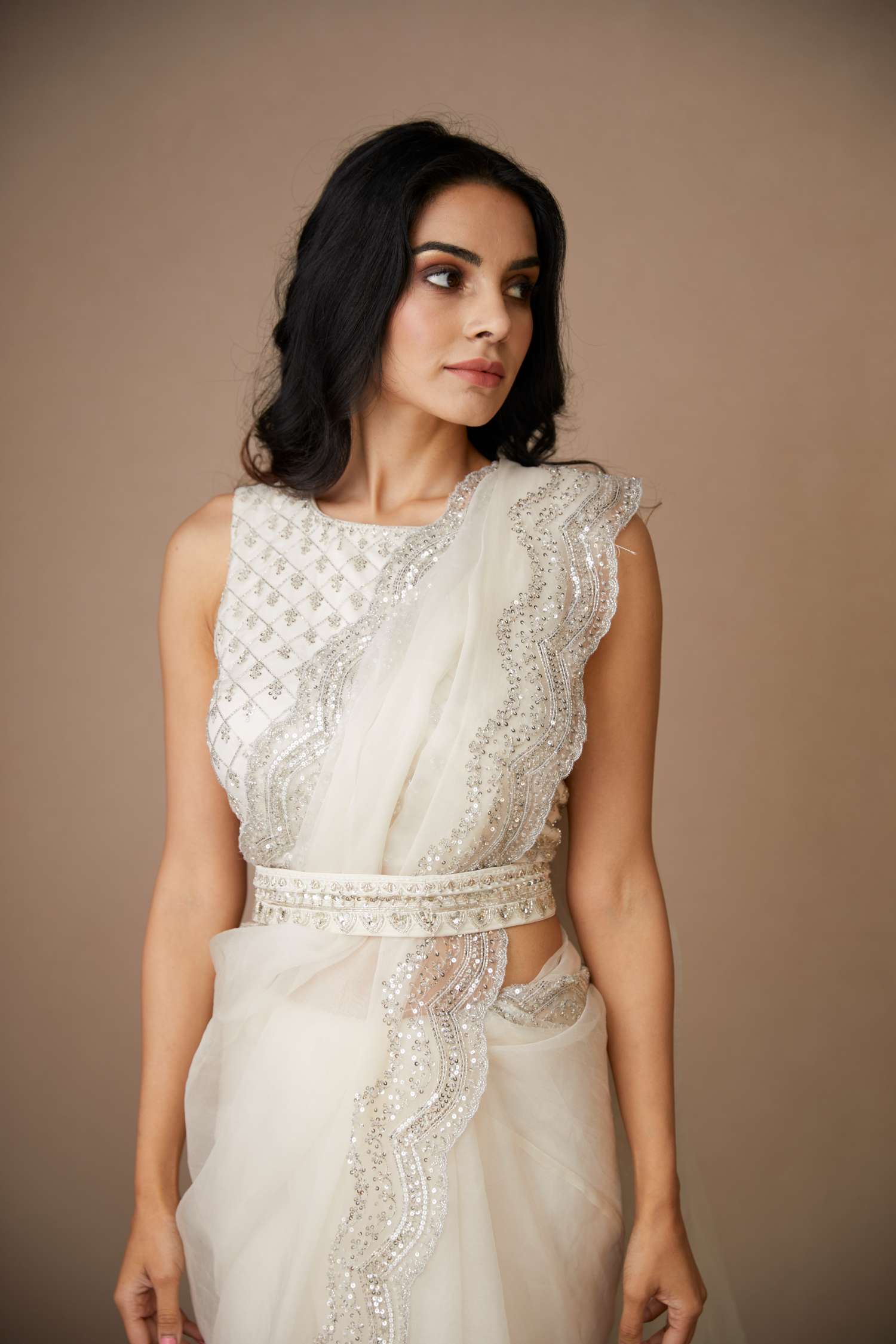 Front view of White Organza Sequence Work Saree Set