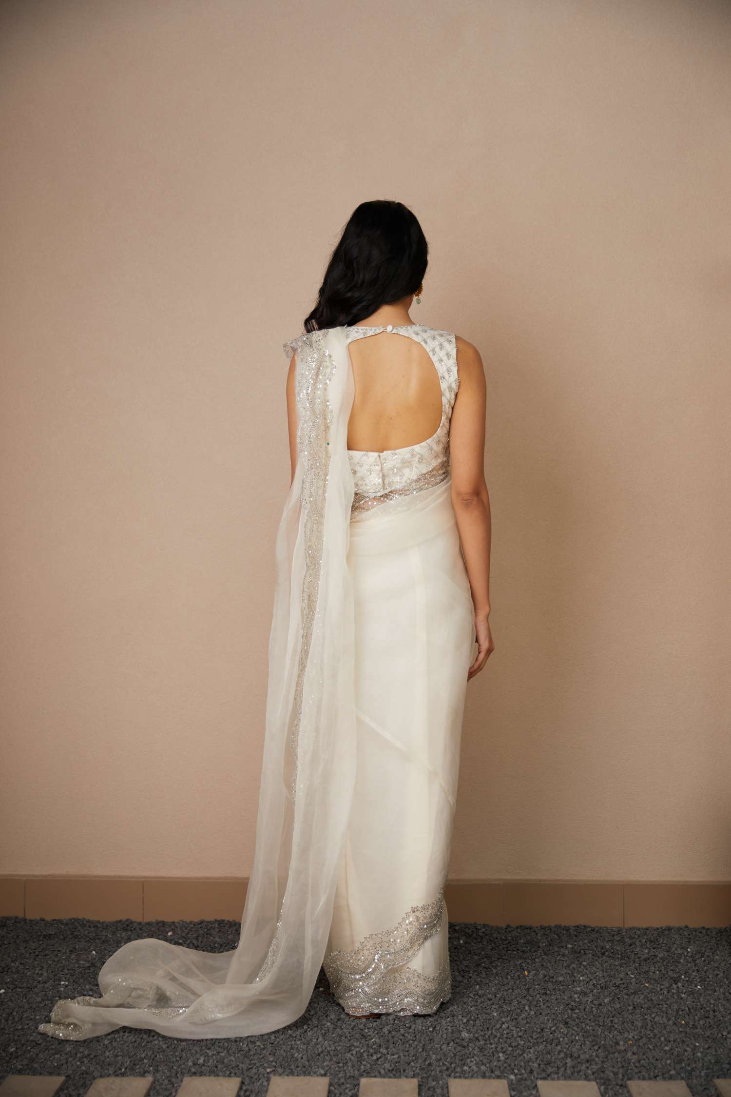 Back Angle view of White Organza Sequence Work Saree Set