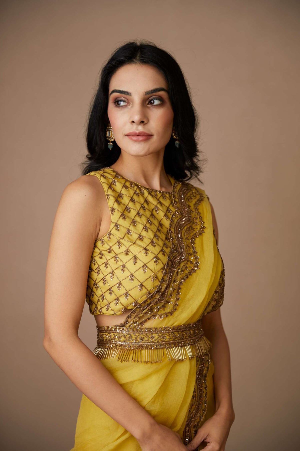 Yellow Organza Sequence Work Saree Set