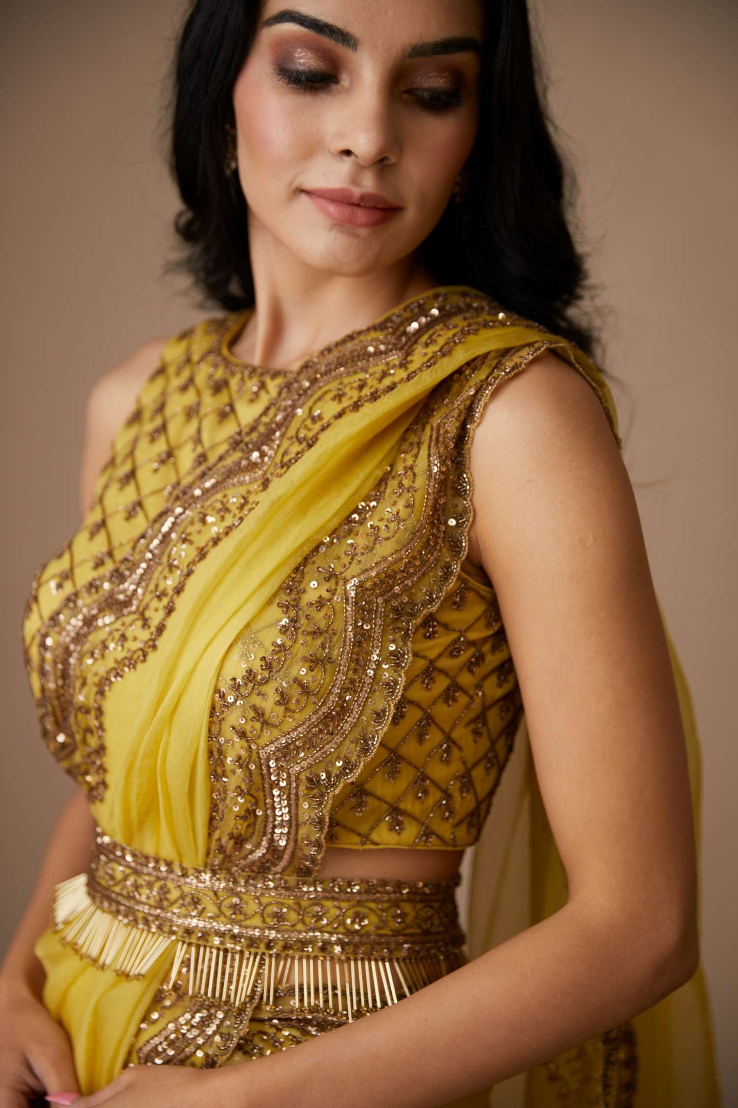Yellow Organza Sequence Work Saree Set