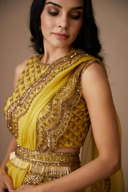 Yellow Organza Sequence Work Saree Set