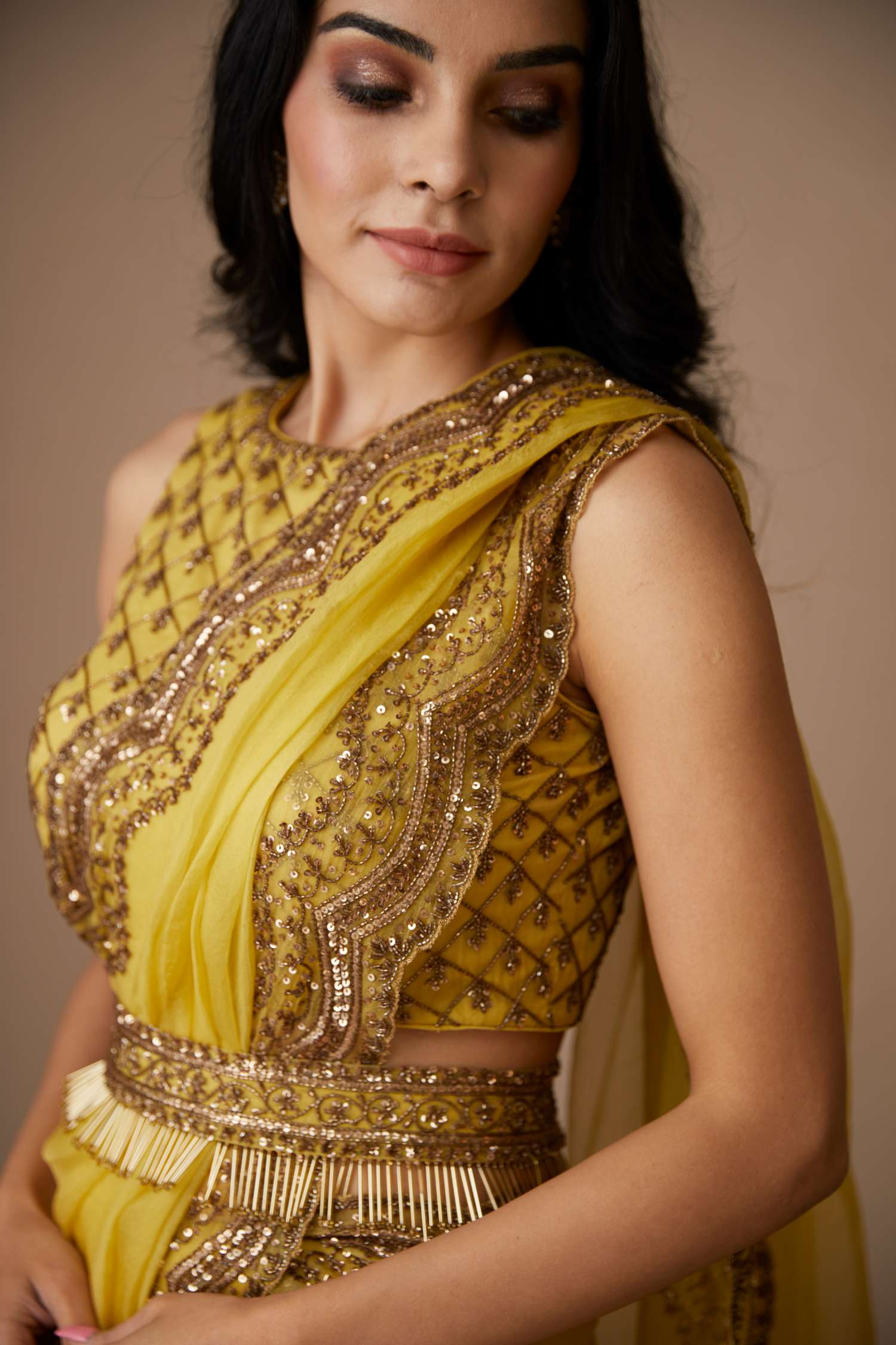 Side view of Yellow Organza Sequence Work Saree Set