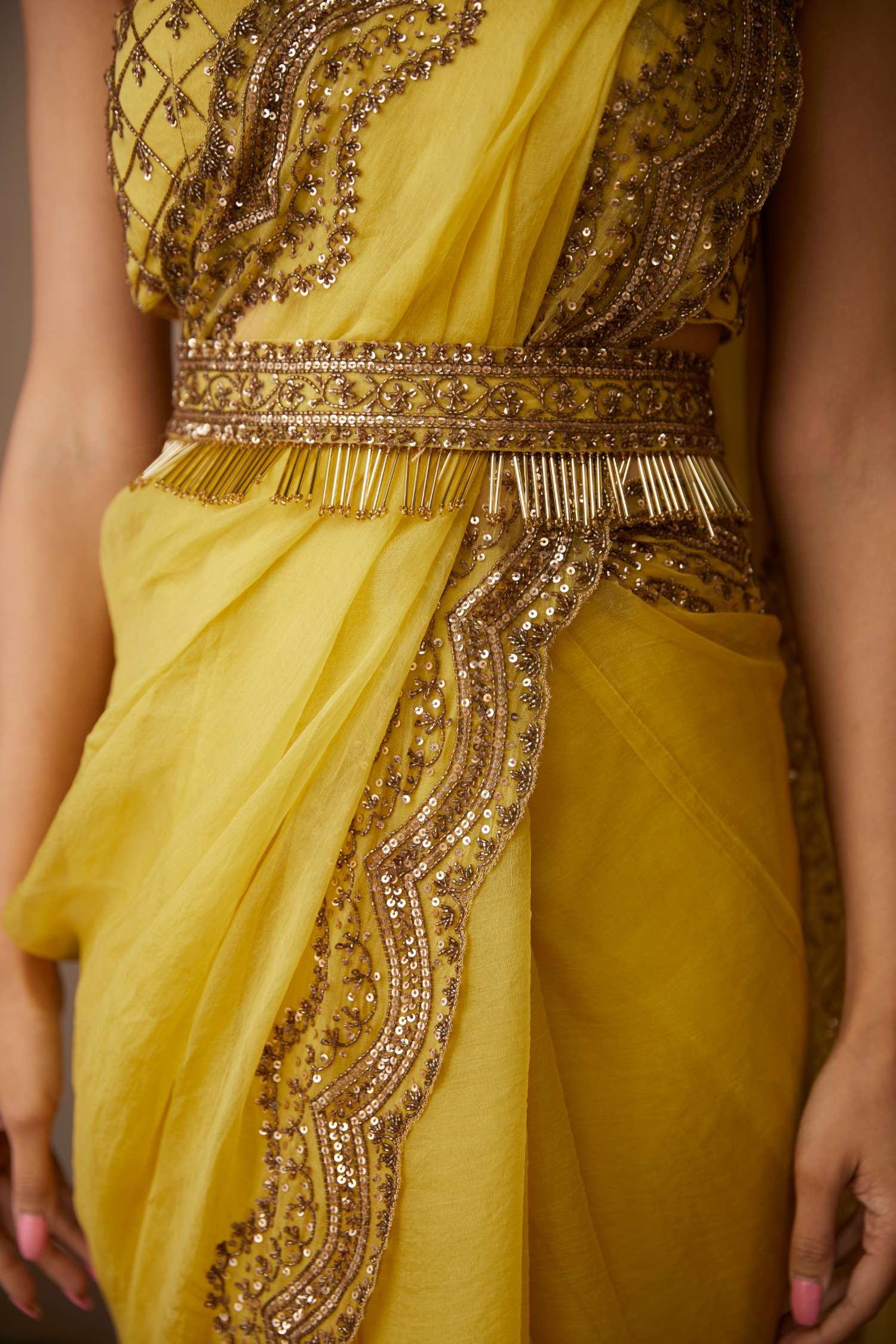 Close-up of Yellow Organza Sequence Work Saree