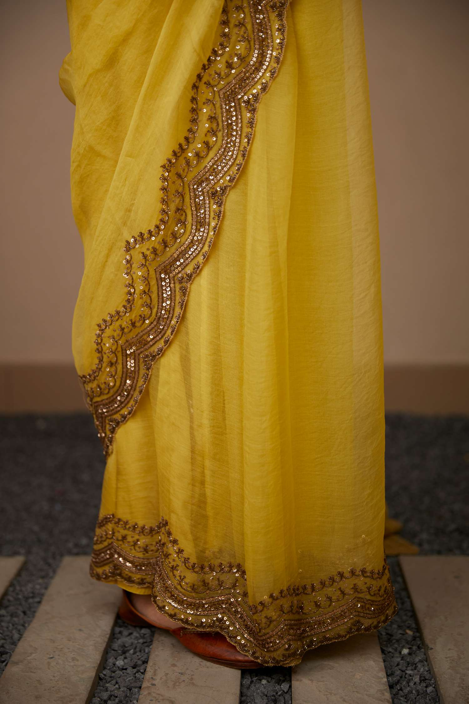 Close-up of Yellow Organza Sequence Work Saree