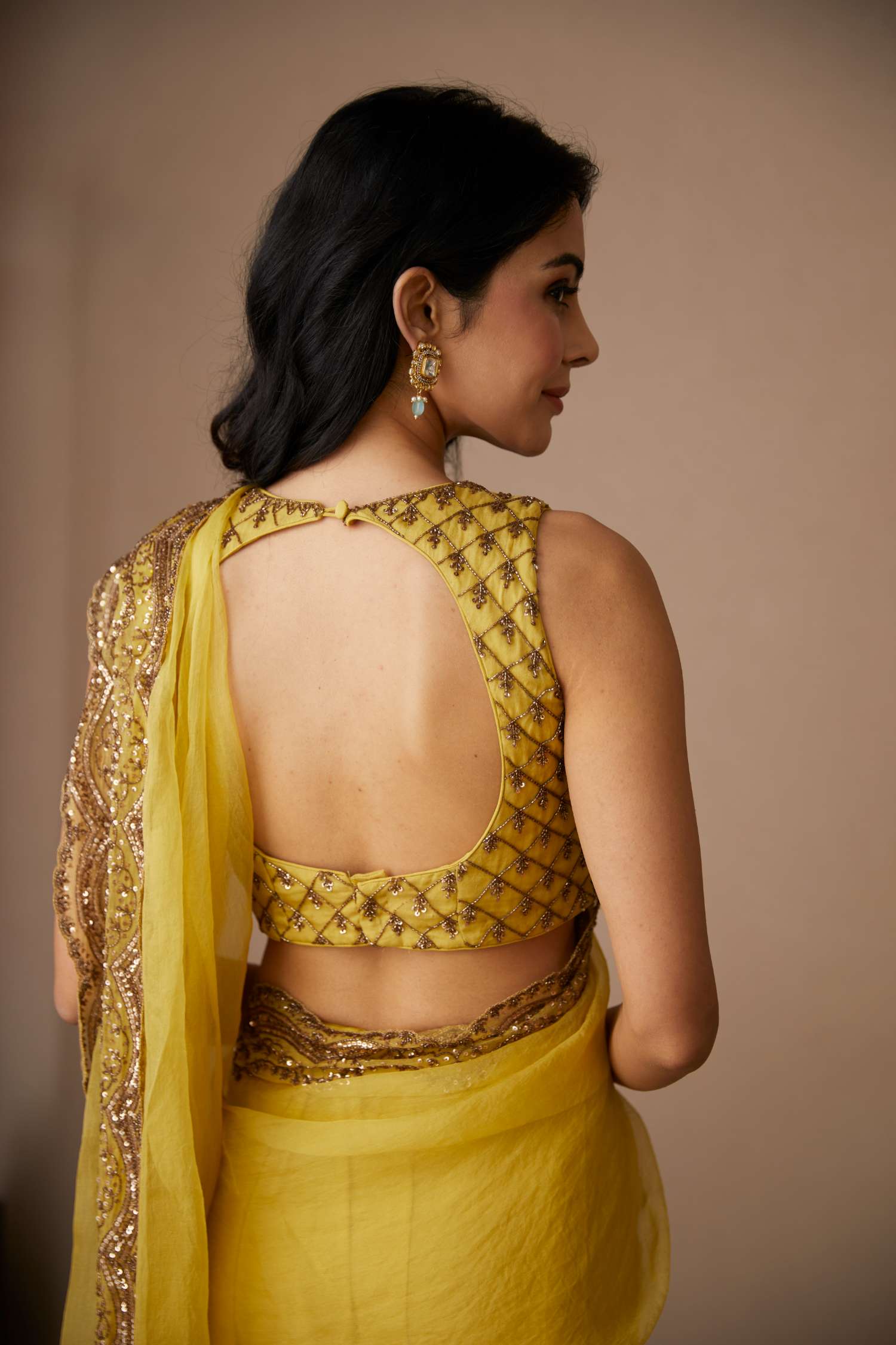 Back View of Yellow Organza Sequence Work Saree Set