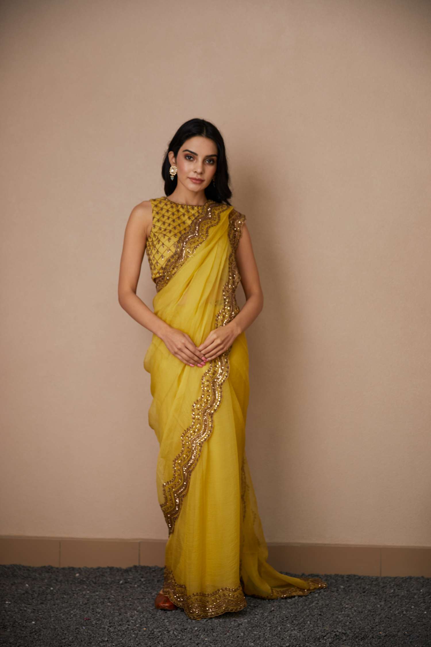 Yellow Organza Sequence Work Saree Set