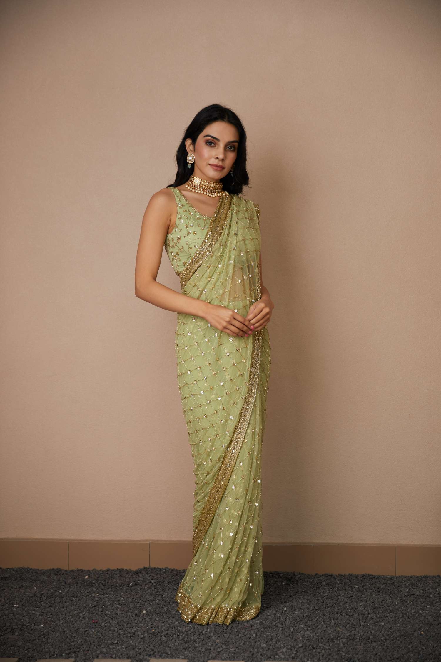 Mint Green Net Jaal Cut Work Saree Set