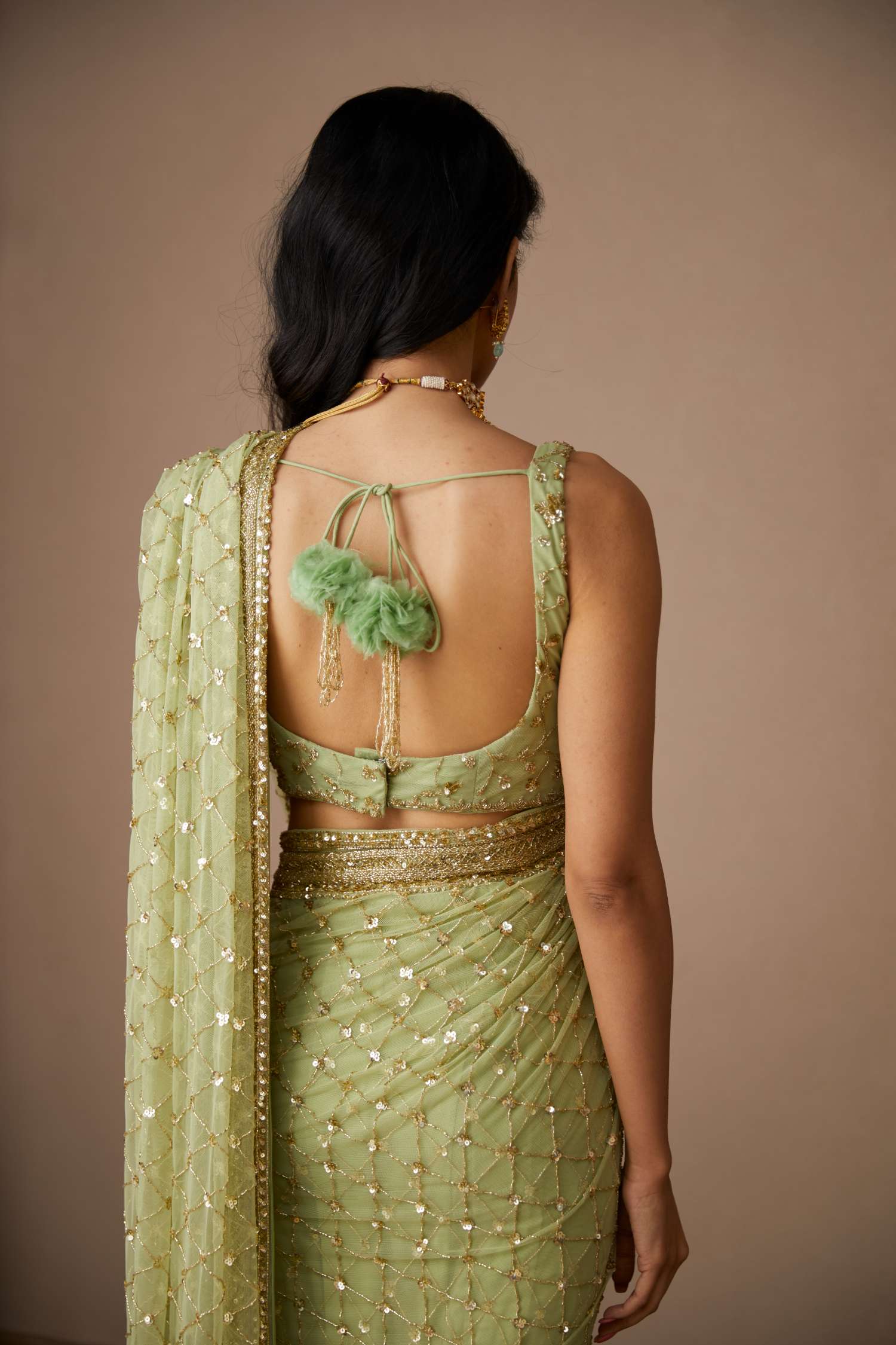 Back View of Mint Green Net Shimmer Saree Set