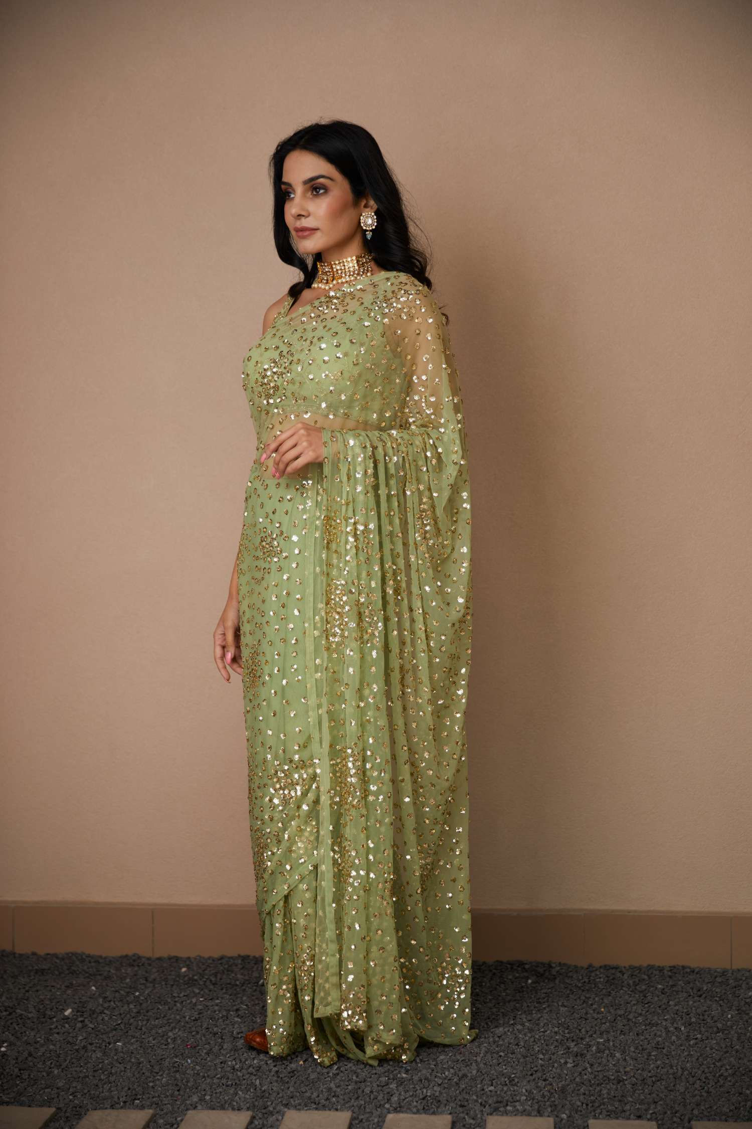 Front view of Mint Green Net Shimmer Saree Set