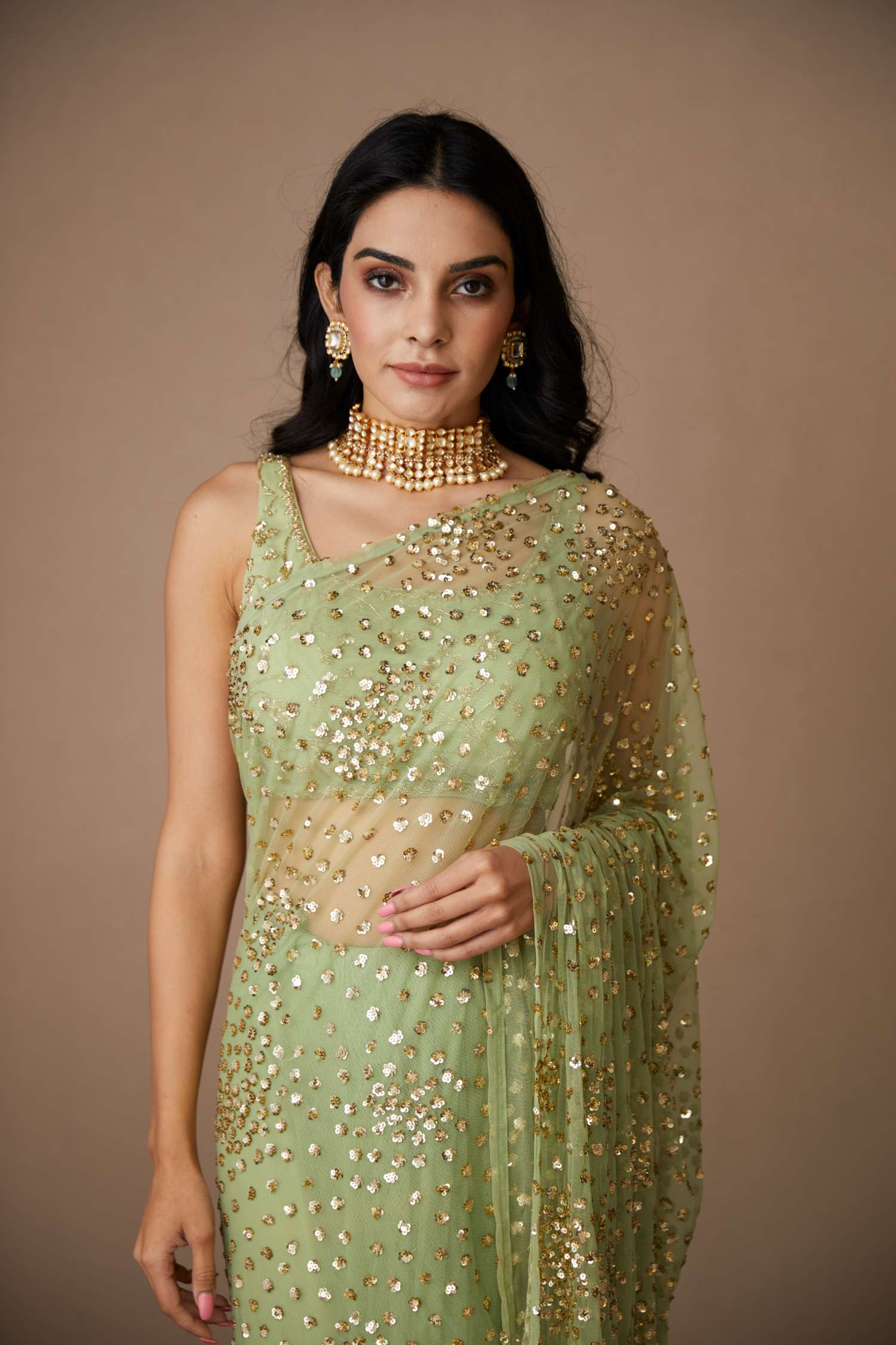 Mint Green Net Shimmer Saree Set