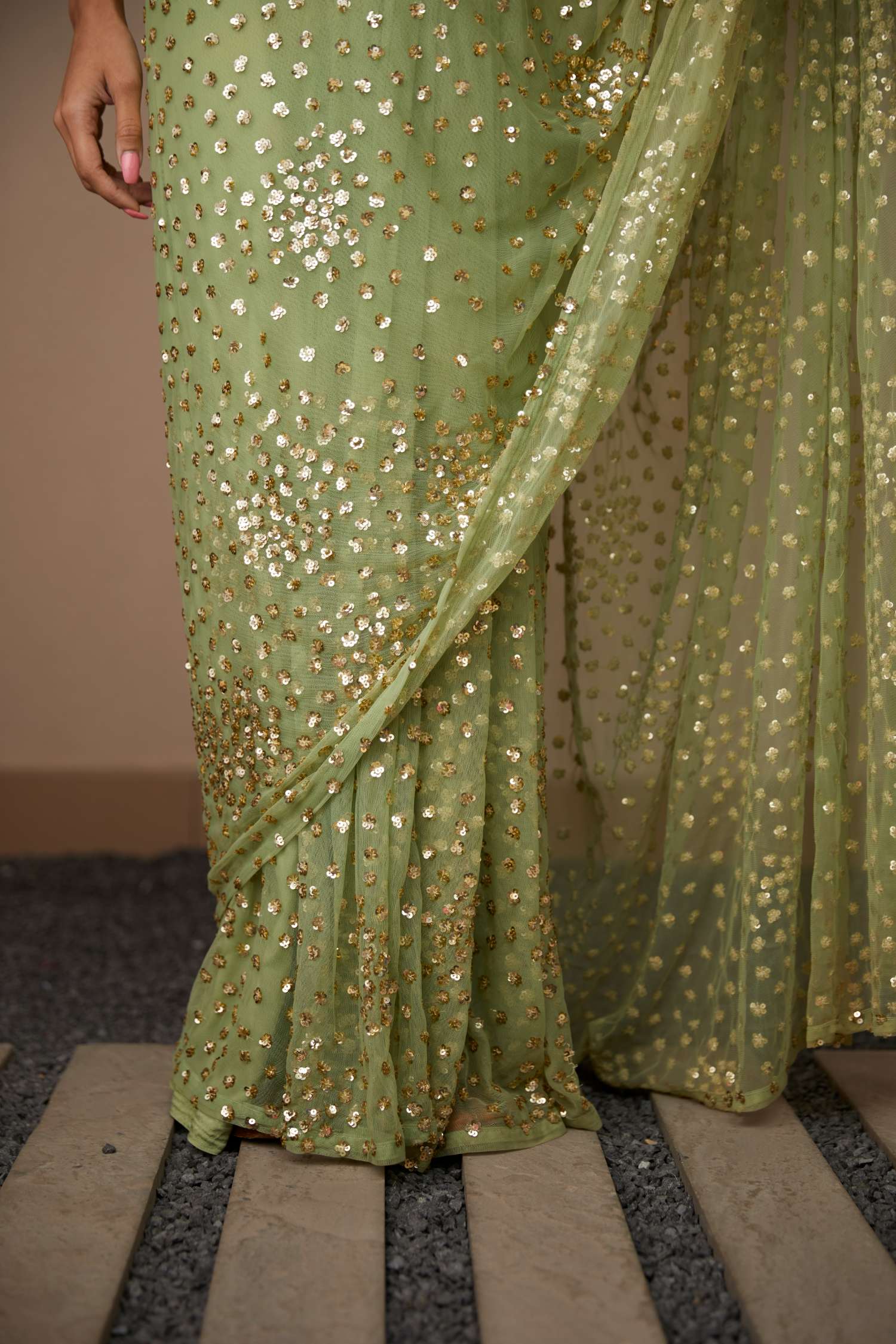 Close-up View of Mint Green Net Shimmer Saree Set