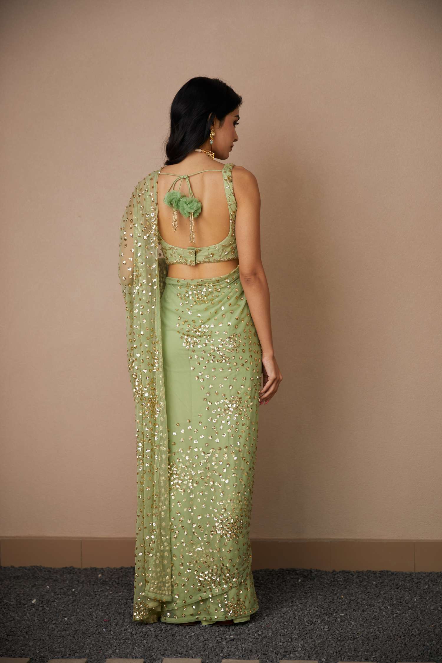 Back View of Mint Green Net Shimmer Saree Set