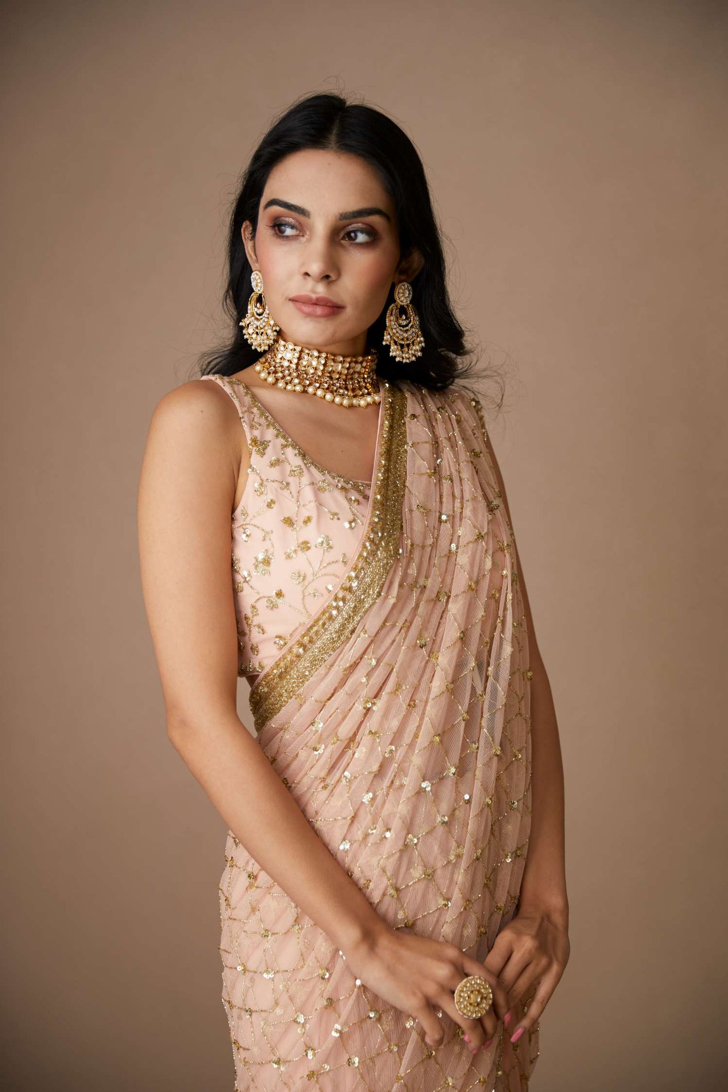 Pink Jaal Cut Work Saree Set