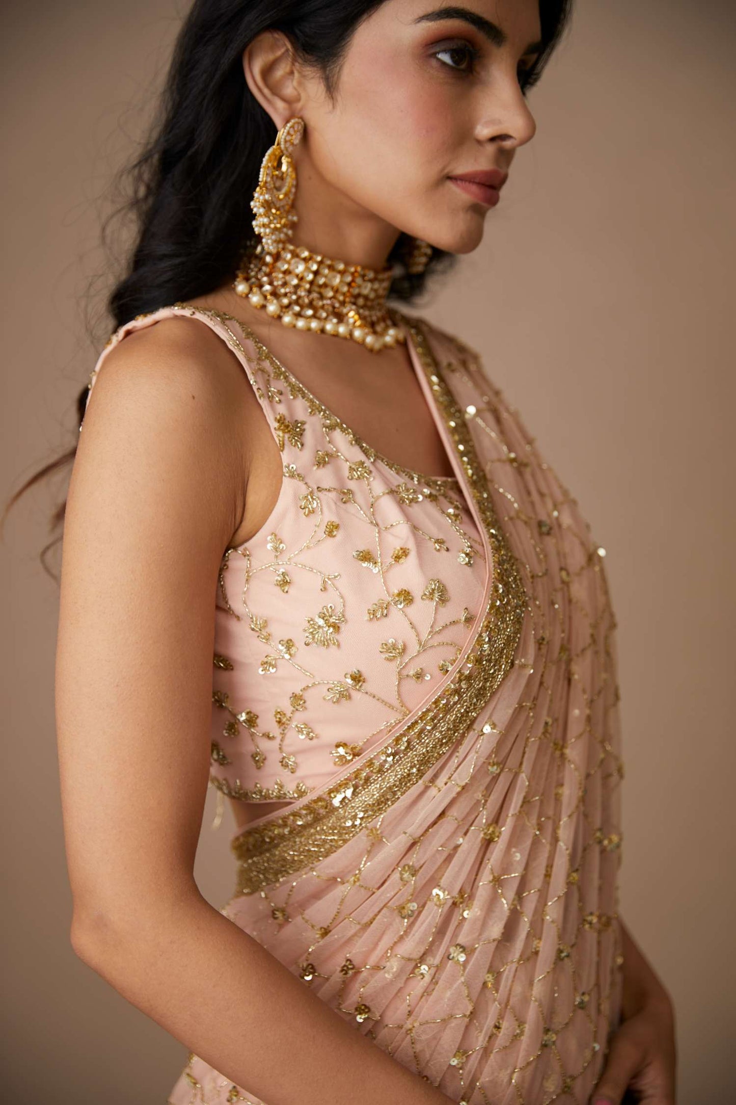 Pink Jaal Cut Work Saree Set