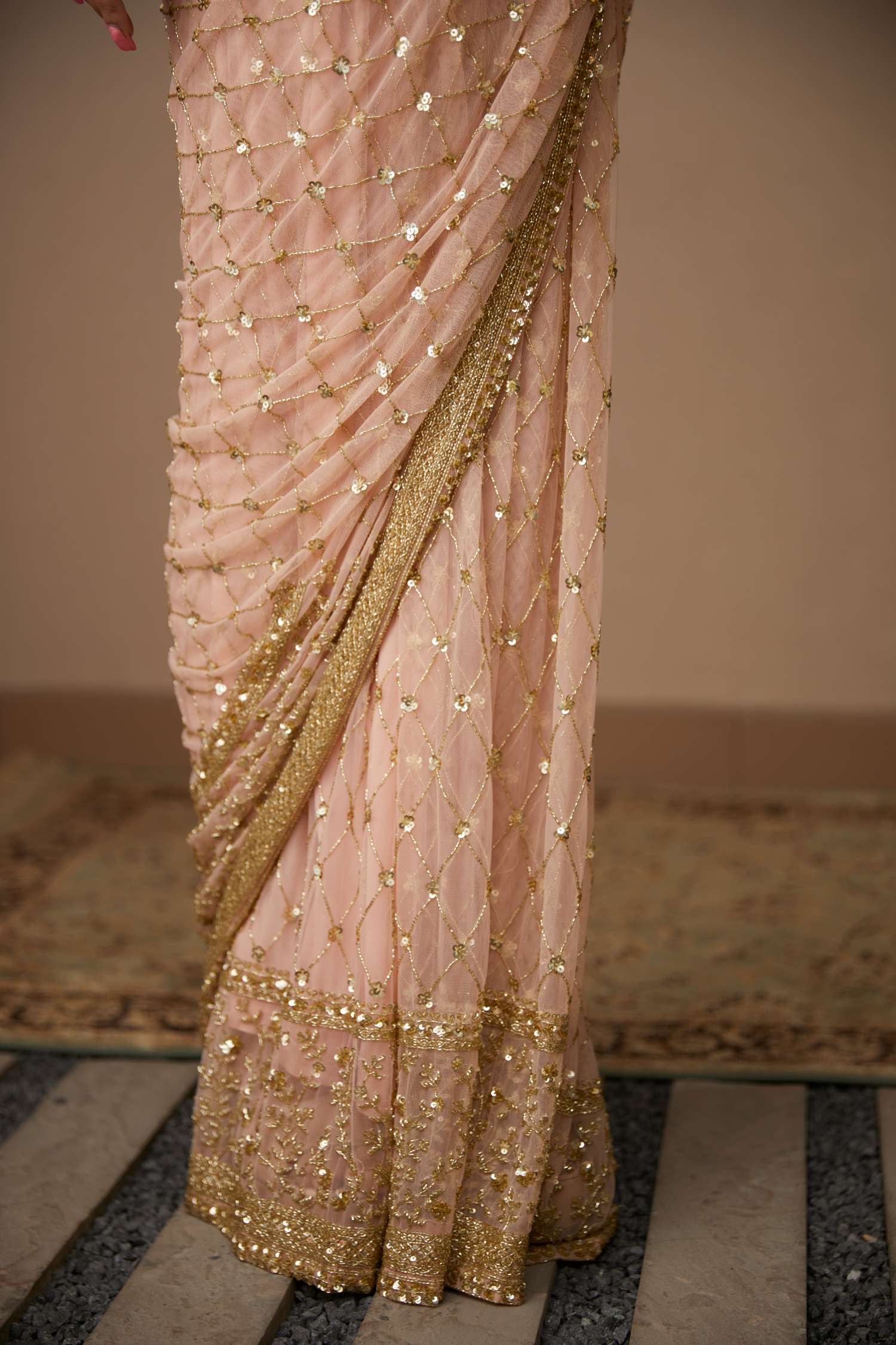 Close-up View of Pink Net Jaal Cut Work Saree
