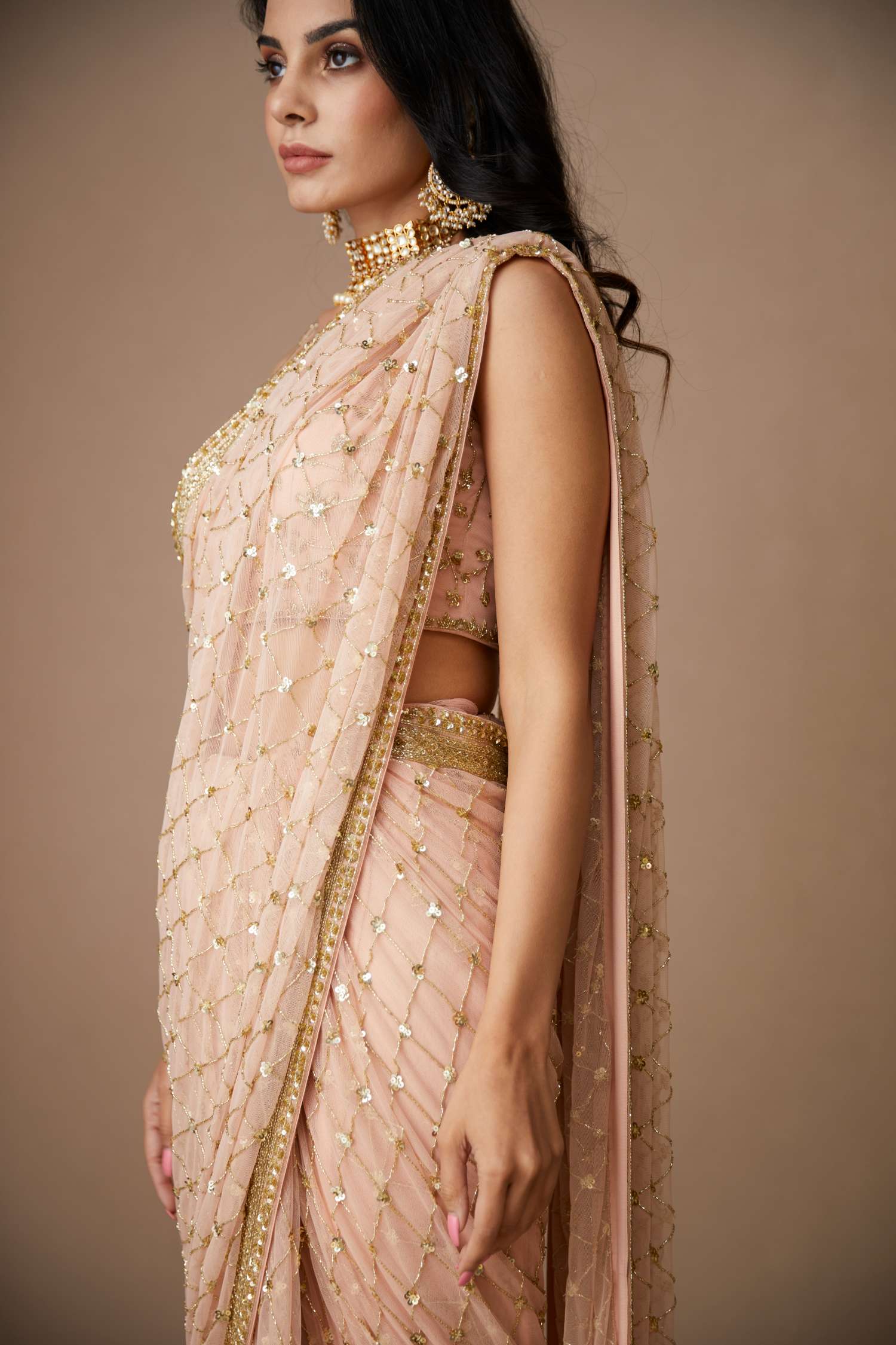 Front Side view of Pink Net Jaal Cut Work Saree Set