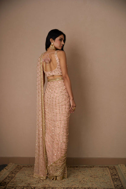 Pink Jaal Cut Work Saree Set