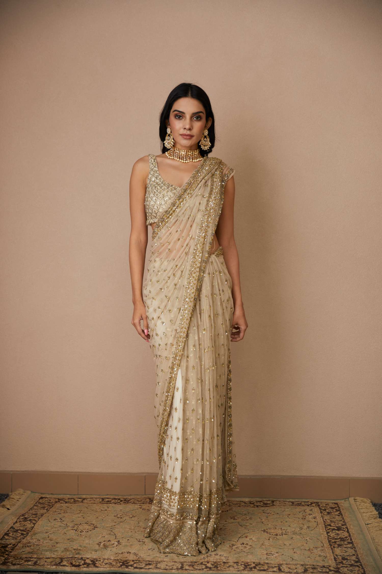 Off White Net Bottie Saree Set