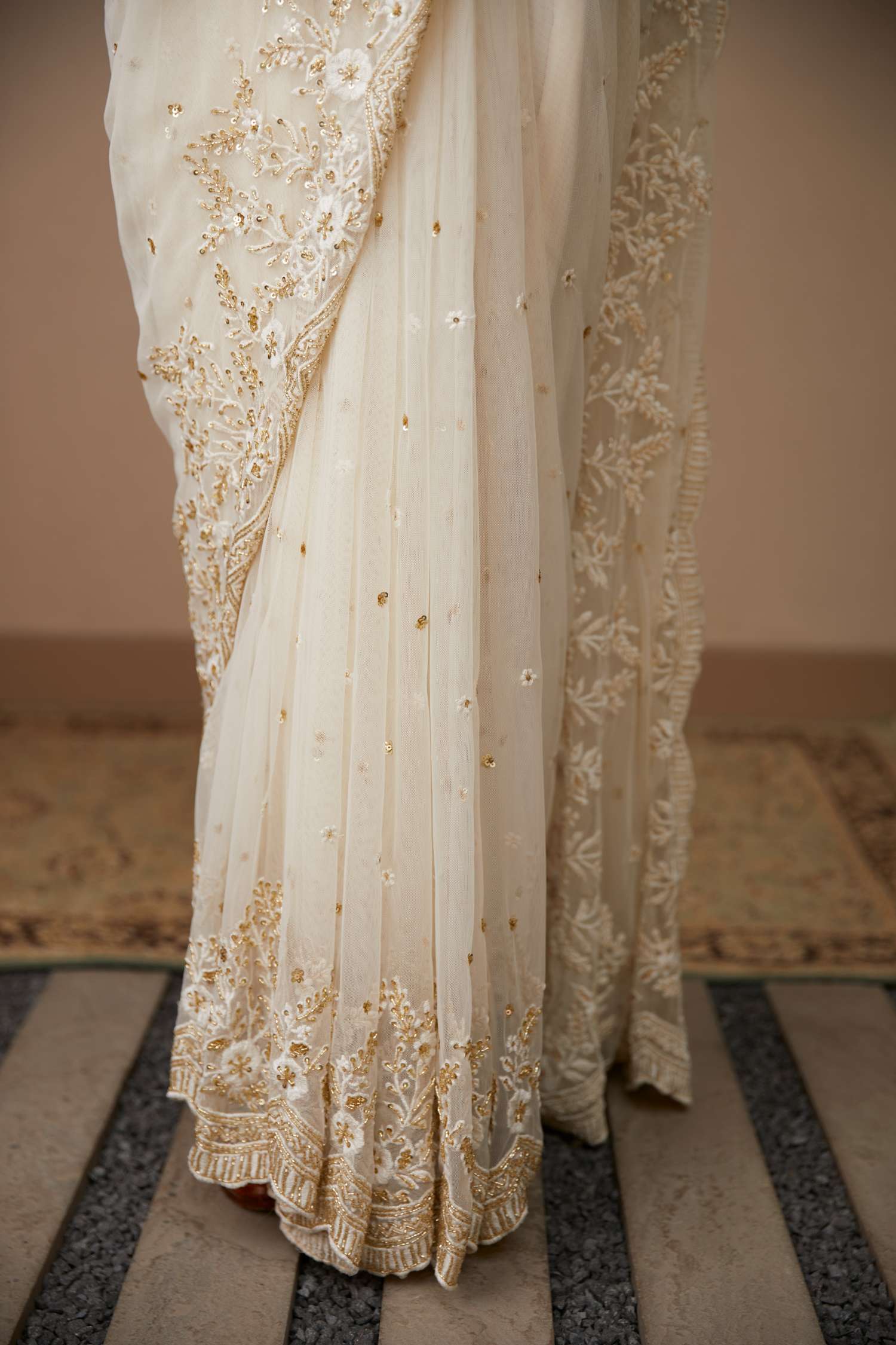 Close-up View of White Net Thread Work Saree