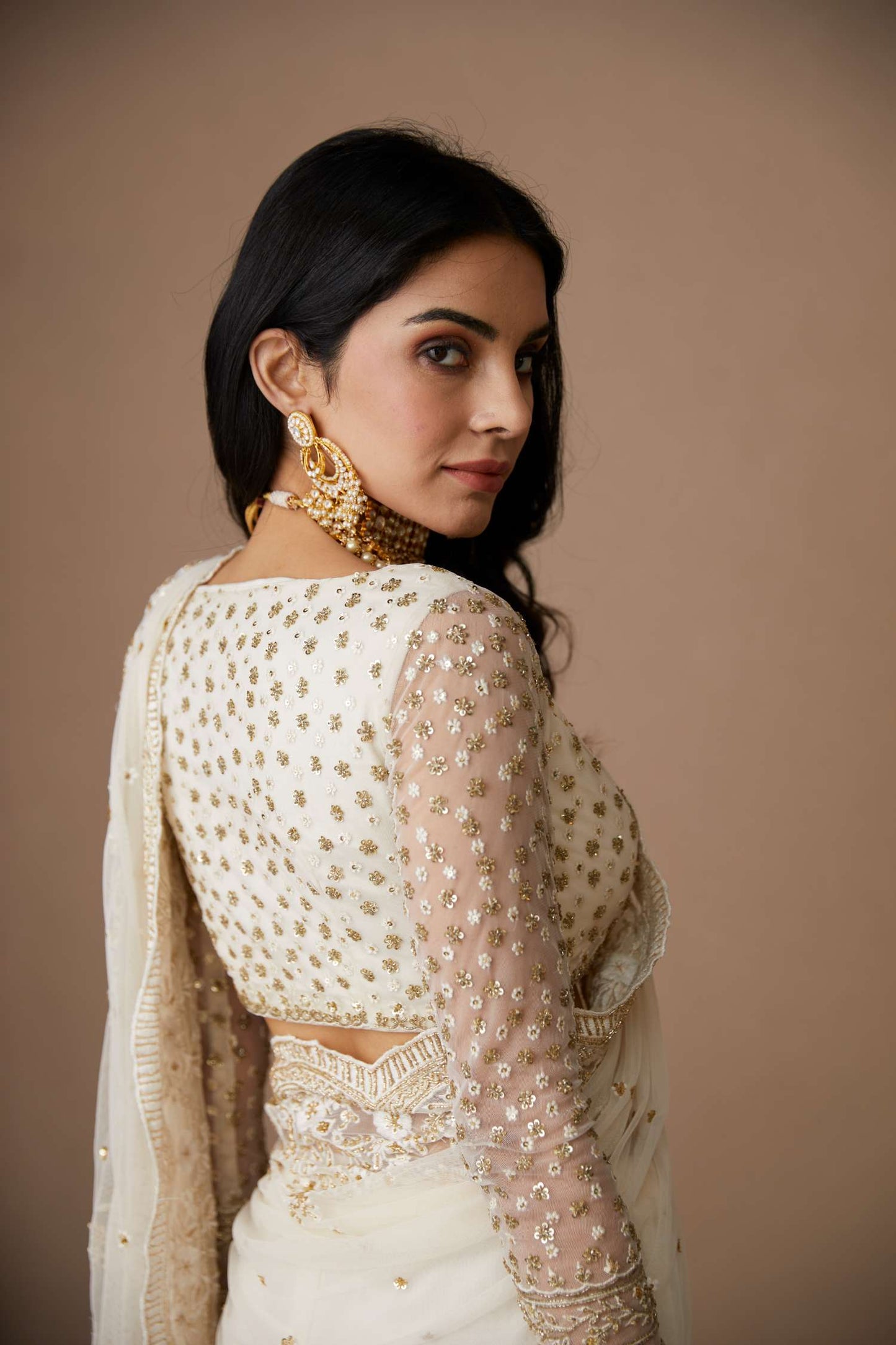 White Net Thread Work Saree Set