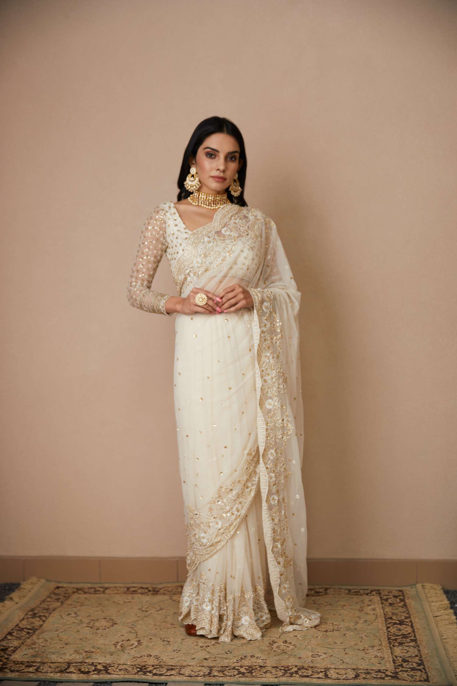 White Net Thread Work Saree Set
