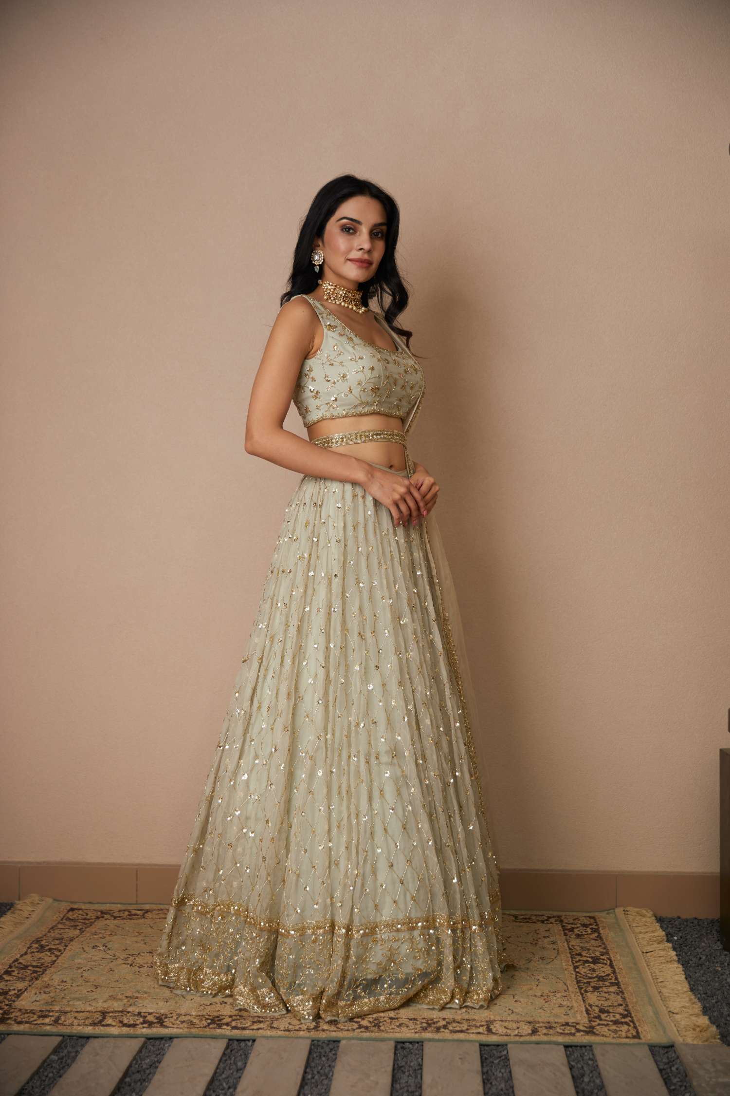 Front Back view of Light Grey Organza Lehenga Set