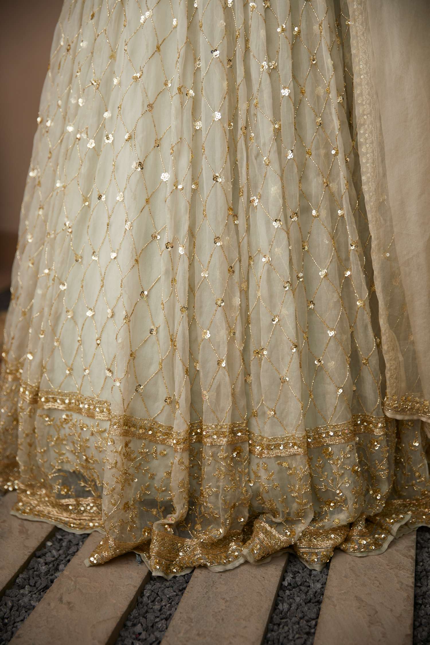 Close-up of Light Grey Organza Lehenga Set
