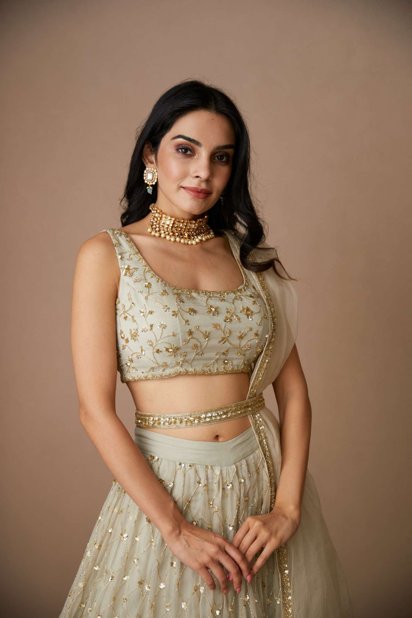 Light Grey Organza Lehenga Set