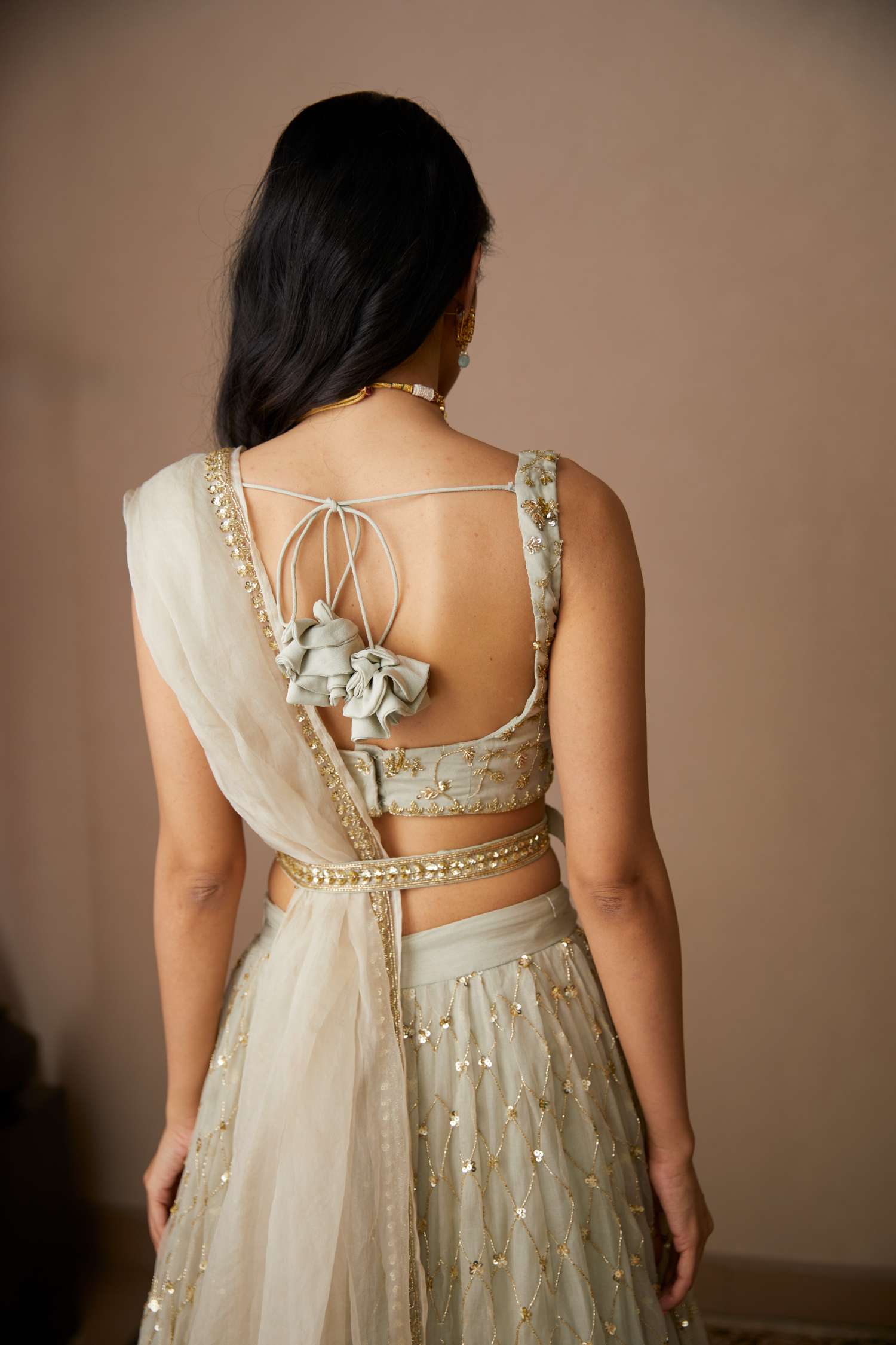 Back view of Light Grey Organza Lehenga Set