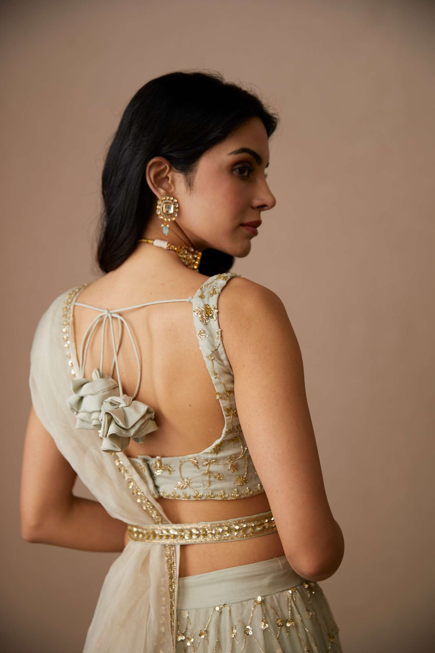 Side view of Light Grey Organza Lehenga Set