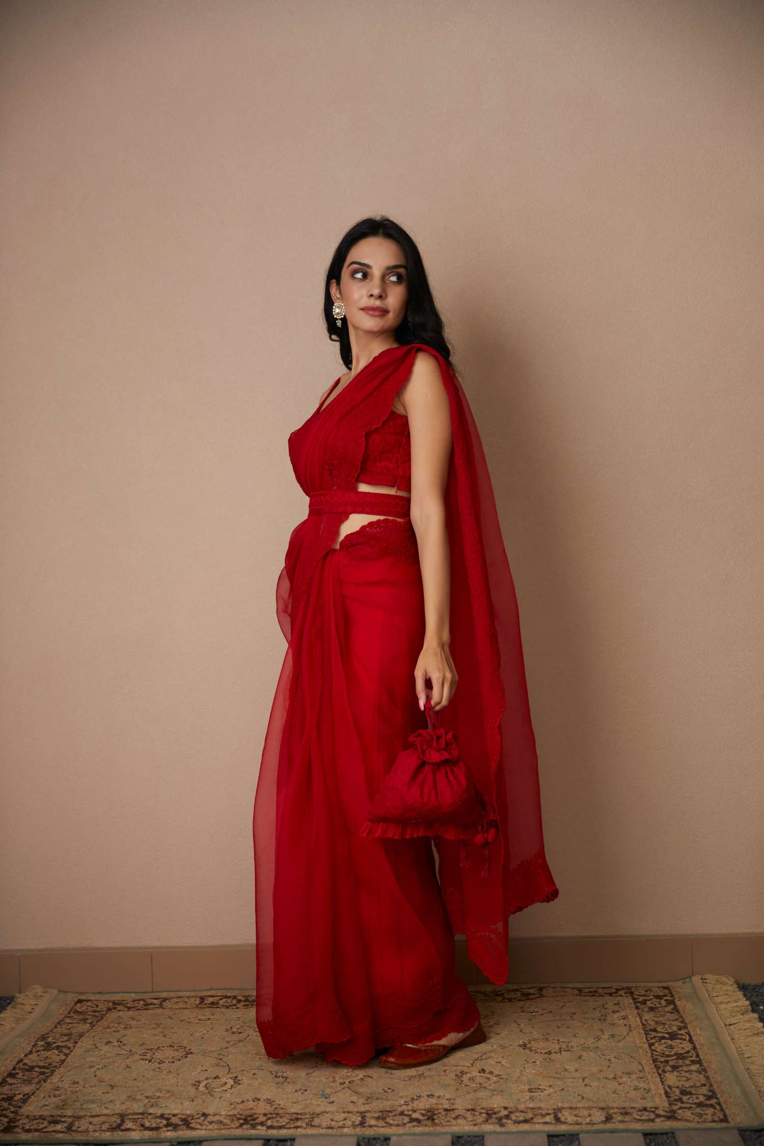 Side Front view of Red Thread Work Organza Saree Set