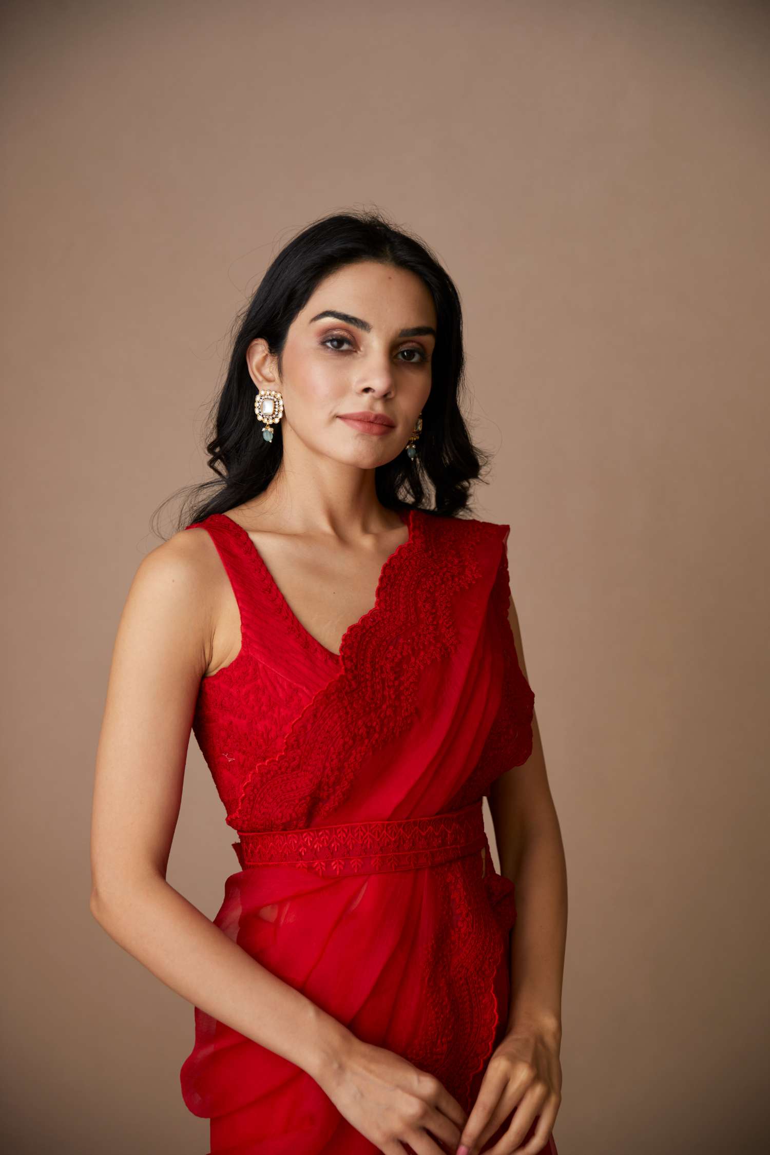 Close-up View of Red Thread Work Organza Saree Set