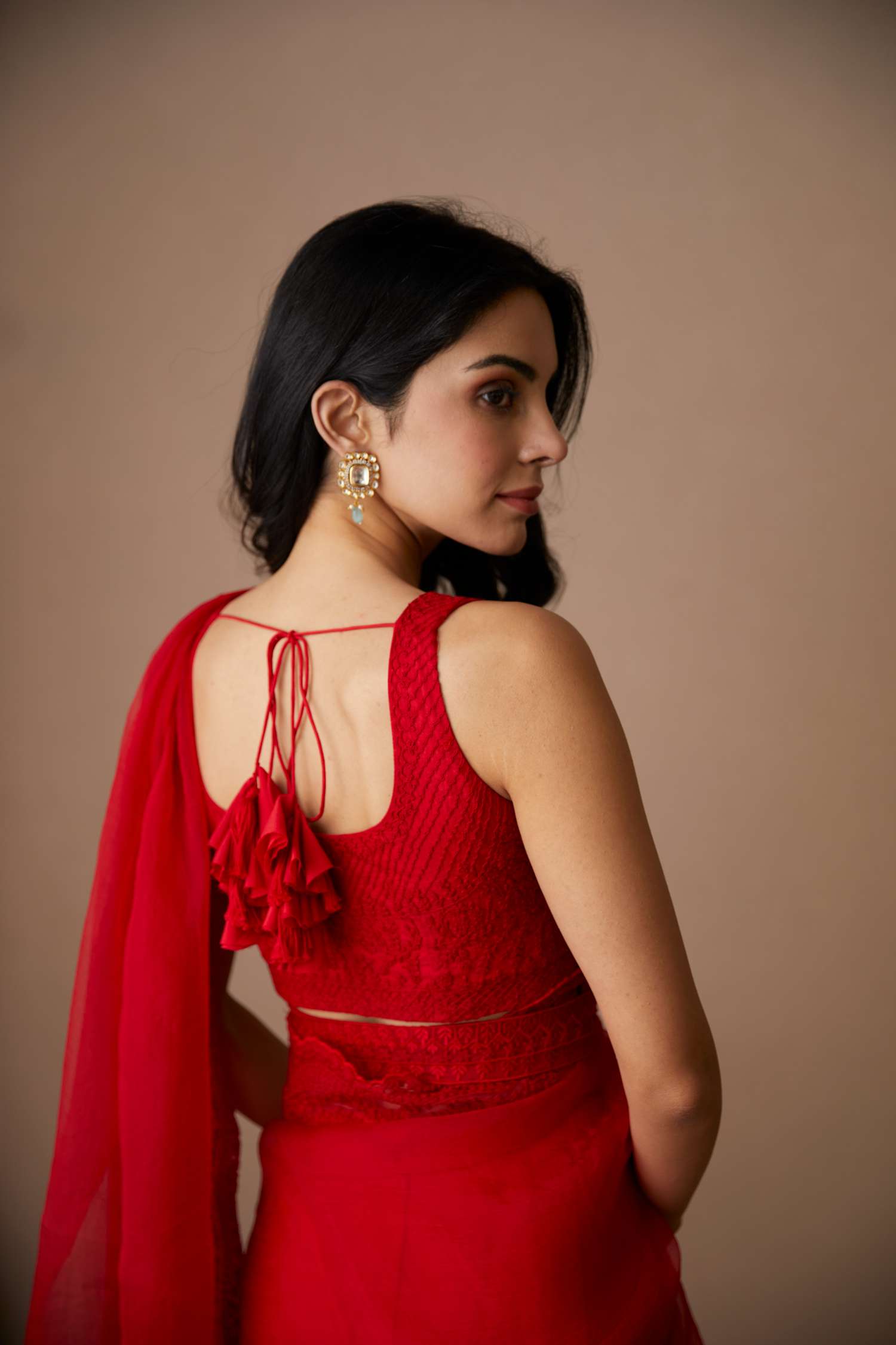 Back View of Red Thread Work Organza Saree Set