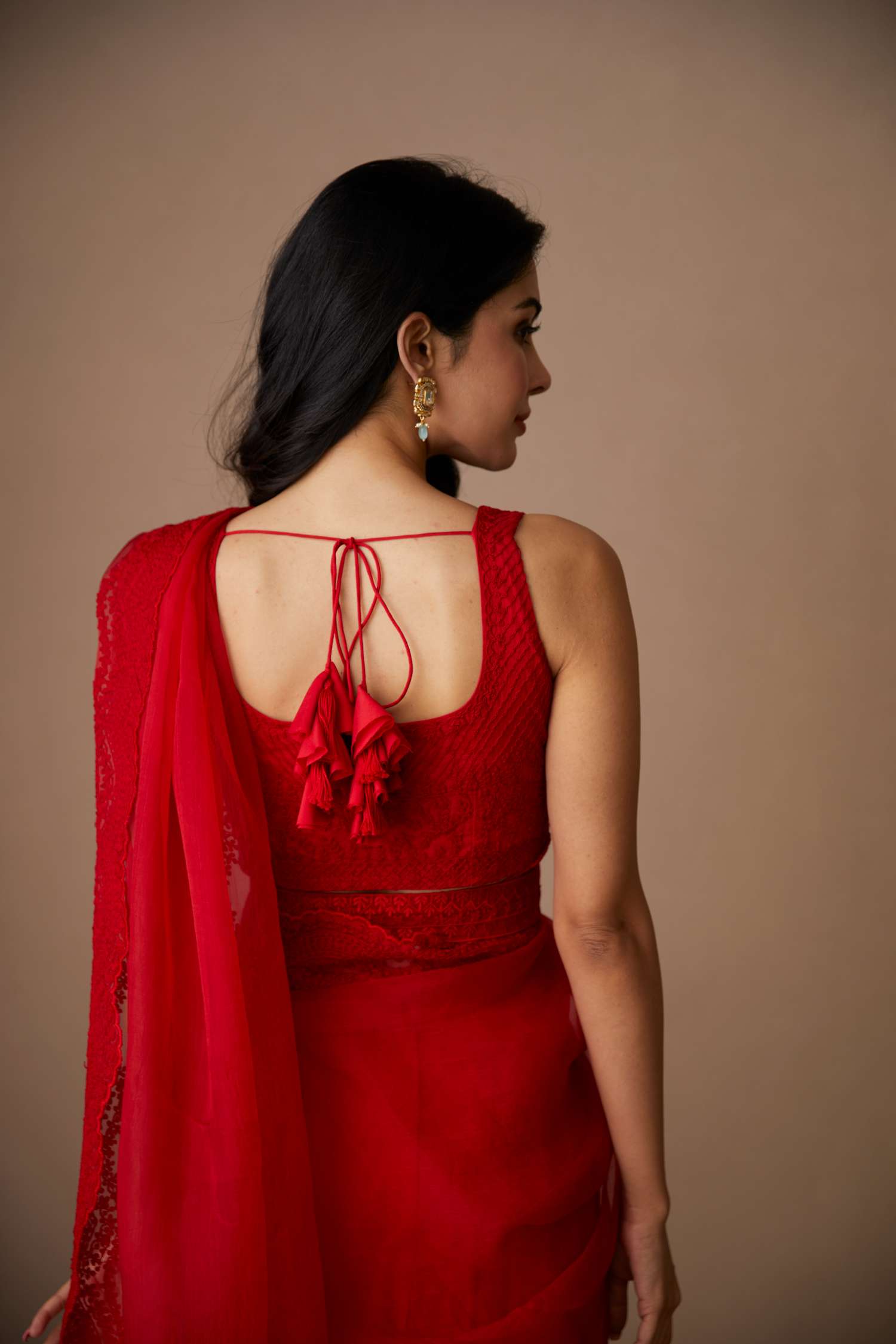 Back Angle view of Red Thread Work Organza Saree Set