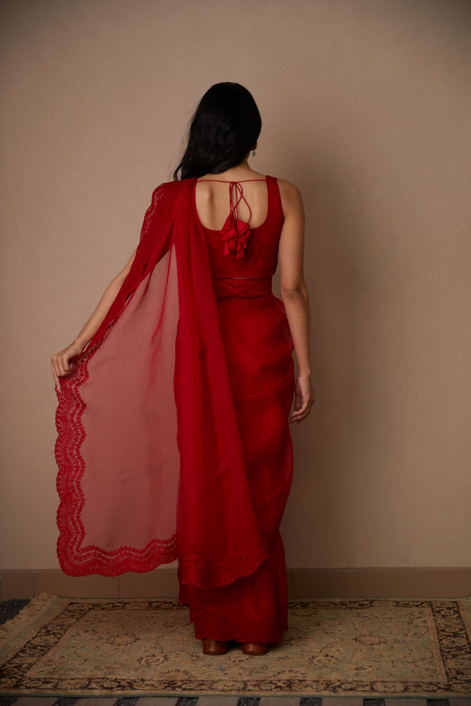 Full Back View of Red Thread Work Organza Saree Set